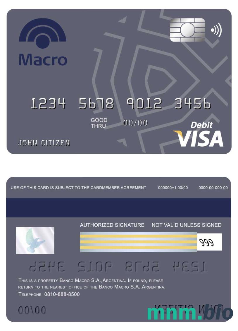 Argentina Banco Macro S.A. bank przykład karty visa w formacie PSD